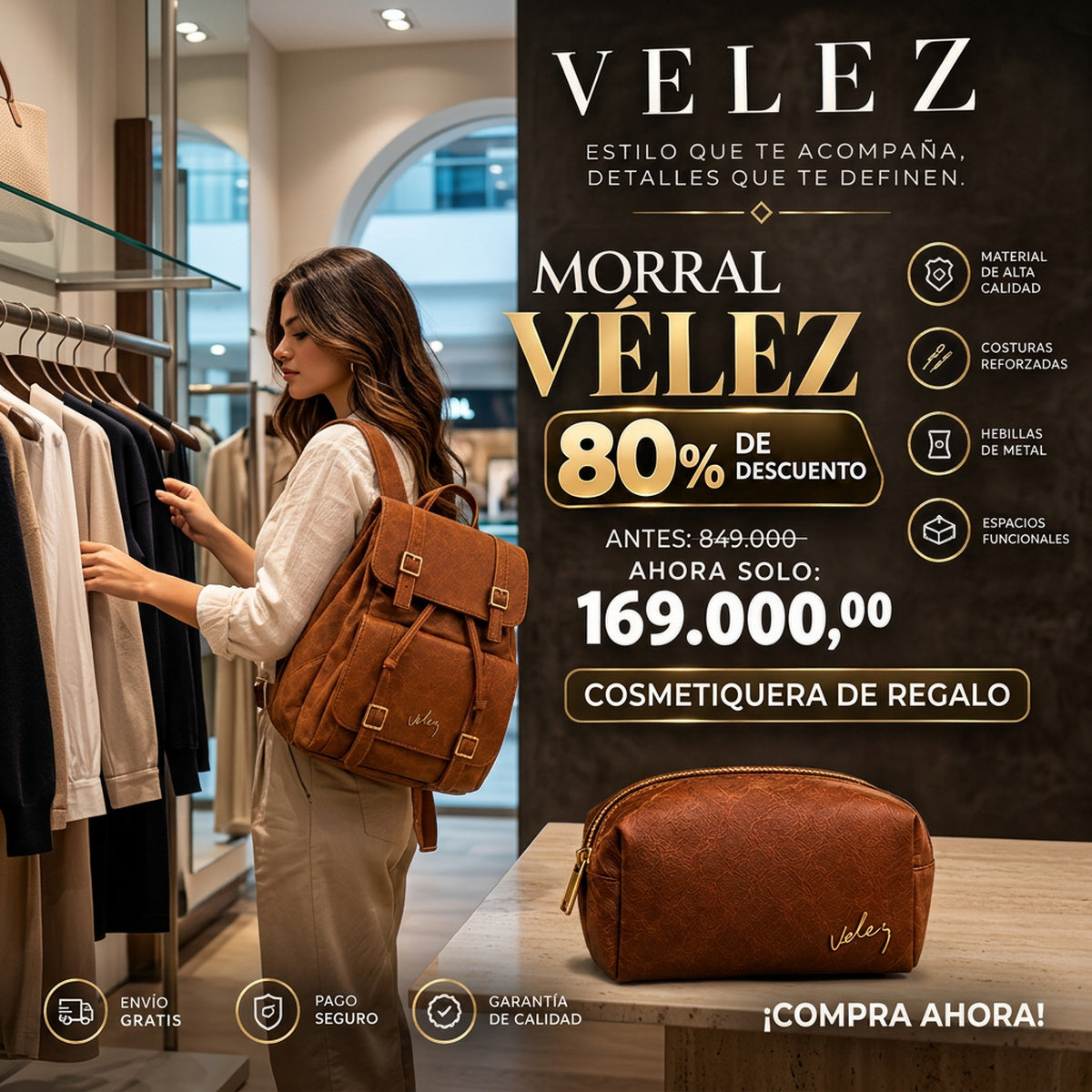 Morral Vélez de Cuero - Lote Exclusivo Con 80% OFF + Cosmetiquera de Regalo